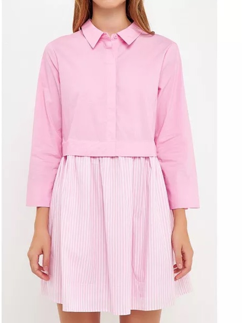 English Factory Pink White Stripe Contrast Cotton Shirt Mini Dress Size Small